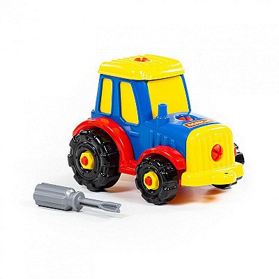 Krāsains traktors ar skrūvgriezi