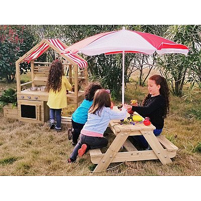 Klasiskā pasaule Edu koka piknika galds ar lietussargu
